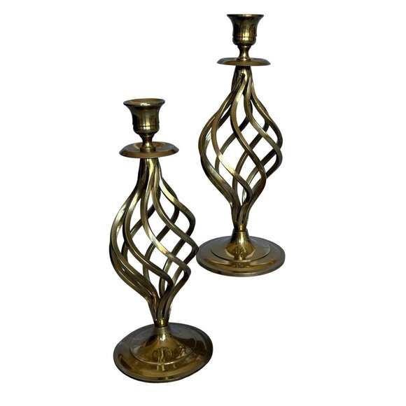 Vintage Brass Heavy 11" Pair Spiral Twist Cyclone Style Victorian Candle Holder - Picture 2 of 12